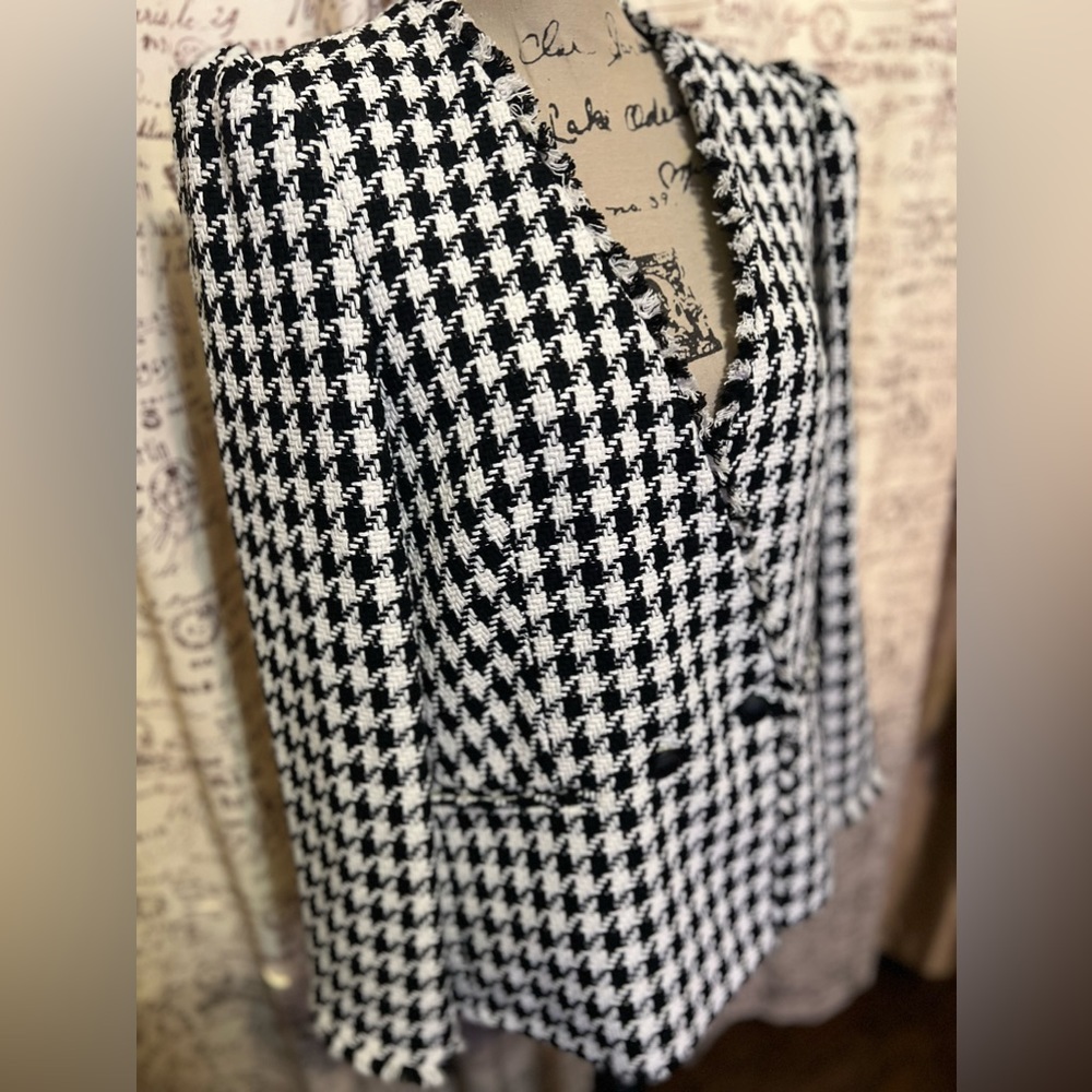NWT Express Houndstooth double breasted tweed blazer black and white sz Large - Picture 12 of 17